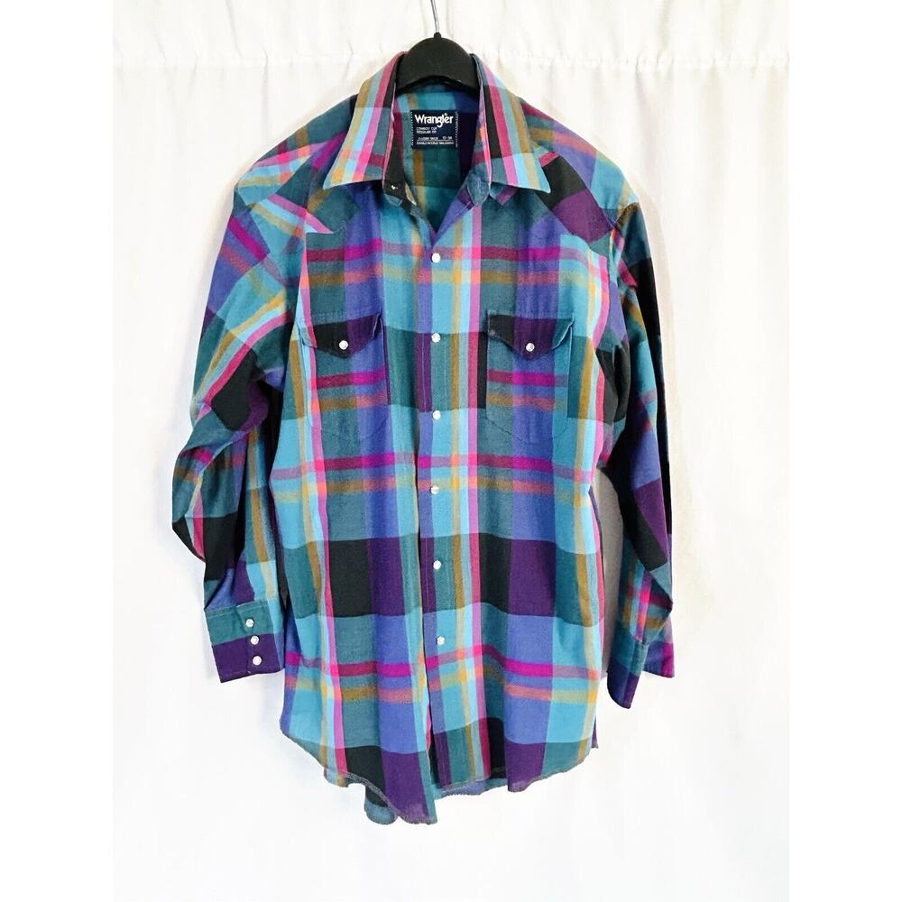 Vtg Wrangler Western Shirt Mens 17 x 34 Pearl Snap Cowboy Cut Plaid Lightweight